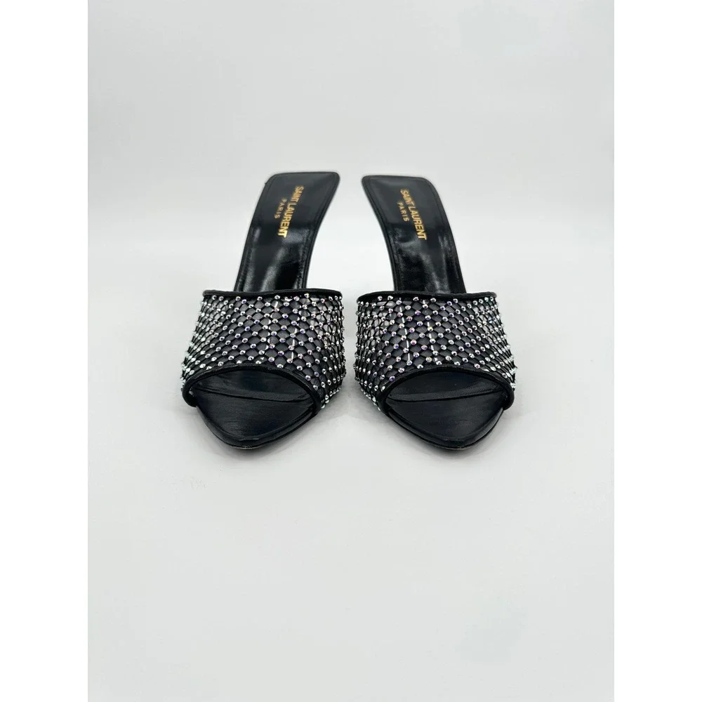 Saint Laurent Paris Luz Black Mesh Crystal Embellished Stiletto Mules Heels 39